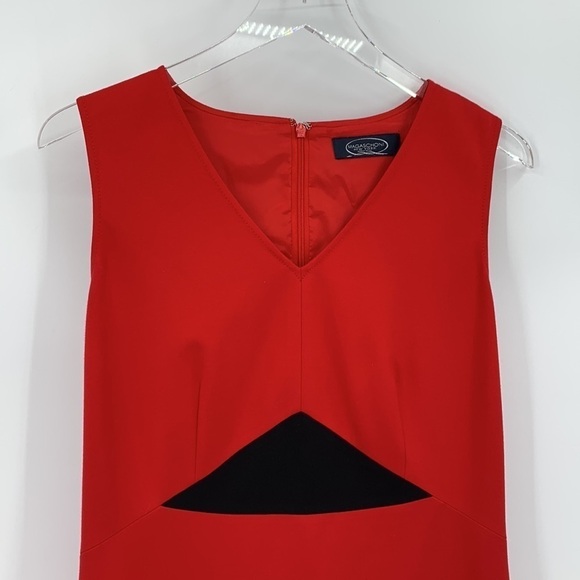 Magaschoni colorblock shift sleeveless dress knit stretch red black v-neck 8 - Picture 2 of 4